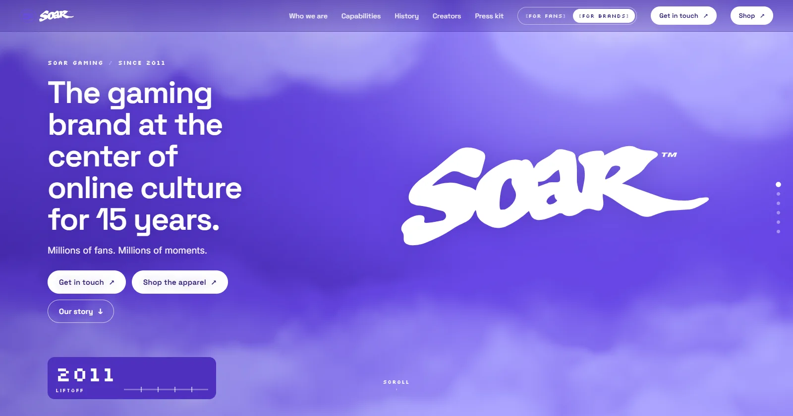 SoaR Gaming website concept: the white brush SoaR wordmark over a purple gradient-mapped sky